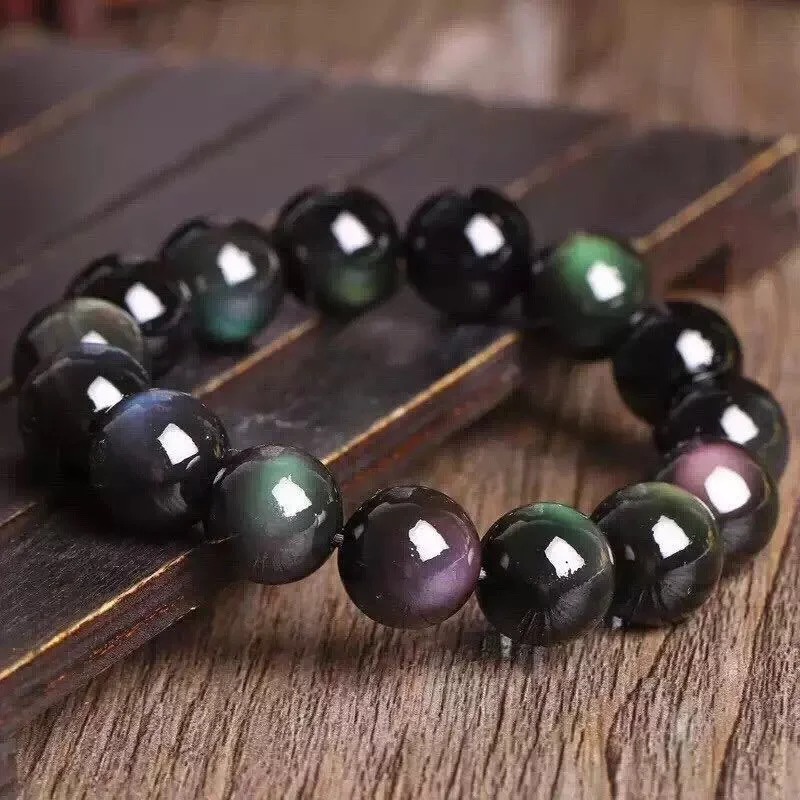 Natural Rainbow Eye Obsidian Bracelet Buddhist Beads Ladies Men's Simple Fashion Beaded Blessing Black Stone Healing Jewelry