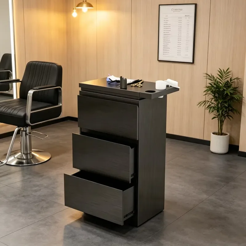 Multifunctional Salon Tool Trolley with Adjustable Compartments and Black Wood Grain Appearance for Salon