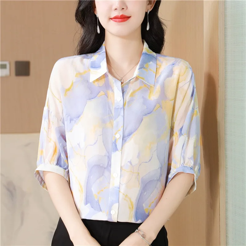 

Атласные женские блузки с принтом, корейские рубашки, МОДА, свободная весенне-летняя винтажная одежда, женские топы с короткими рукавами