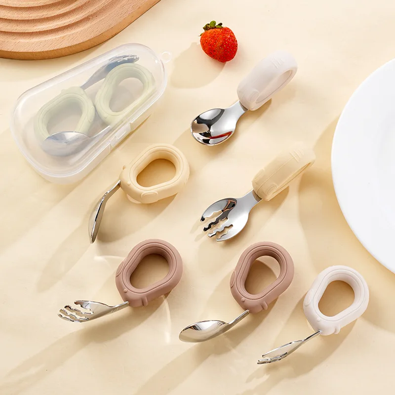 

Силиконовая ручка из нержавеющей стали 304, детская тренировочная вилка-ложка, детская лежачая ложка для еды, креативная ложка для локтей, детская одежда