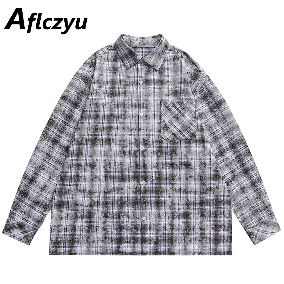 

Vintage Plaid Tie-dyed Shirt Men Spring Autumn Long Sleeve Plaid Shirts Male Fashion Causal Blouse Male