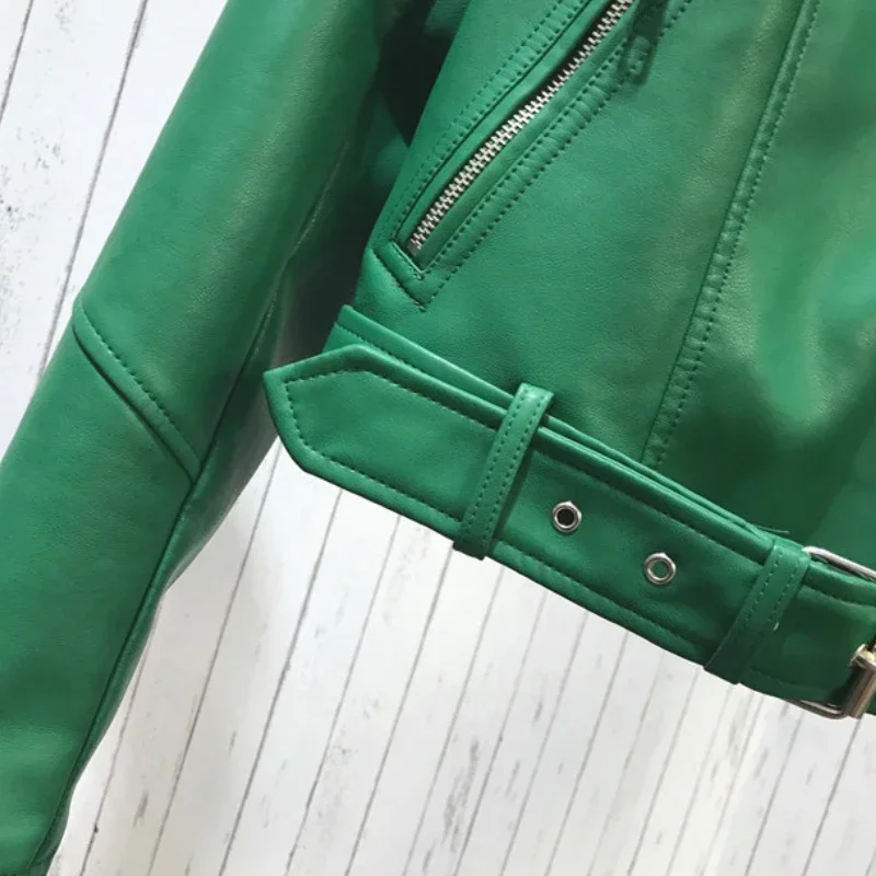 Women\'s Belted PU Leather Jacket Coat Buckle Short Faux Leather Female Motorcycle Jacket Coat