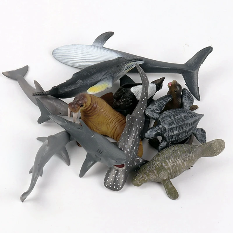 24 ชิ้นการจําลอง Mini สัตว์ทะเลฟันยักษ์ฉลามปลาวาฬปลาวาฬสีฟ้า Shark Penguin Dolphin ของเล่น