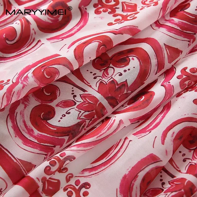 MARYYIMEI Lente Zomer Mode Vintage vrouwen Mouwloze jurk Rood porselein gedrukt Elastische Taille V-hals Grace Lange Jurken