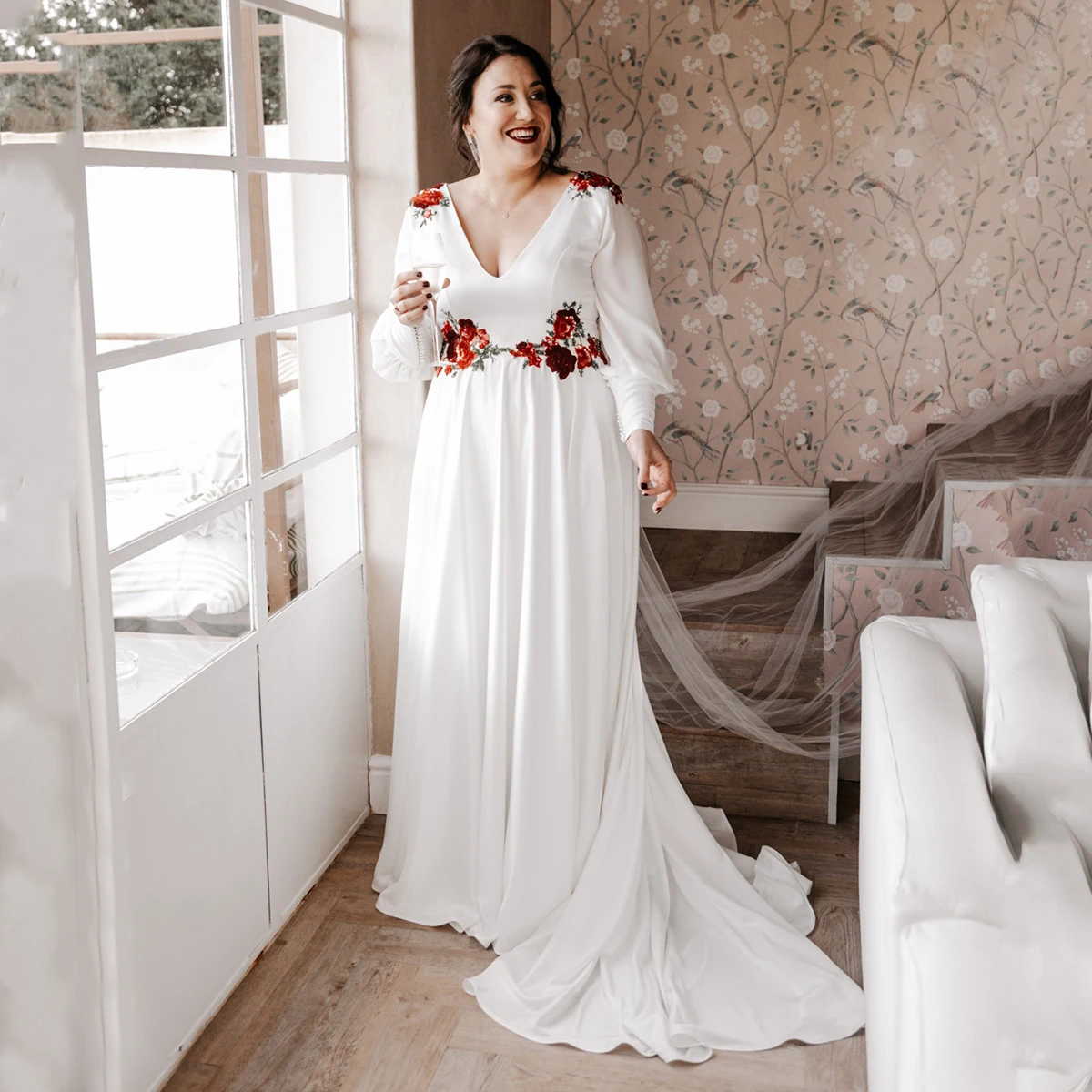 Long Puffy Sleeves Colorful Sequins Flowers Satin Wedding Dress A Line V Neck Backless Customized Plus Size Bridal Gowns