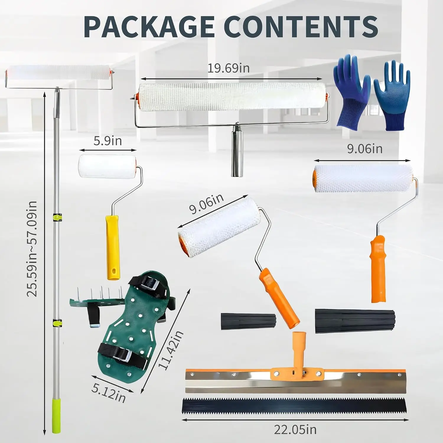 15‑piece self‑Leveling Cement Tool kit This Working Set Contains Telescopic Extension Pole, Multiple Paint Rollers, Notched Squeegee, Aerator Shoes and Work Gloves to Meet Most Floor Construction