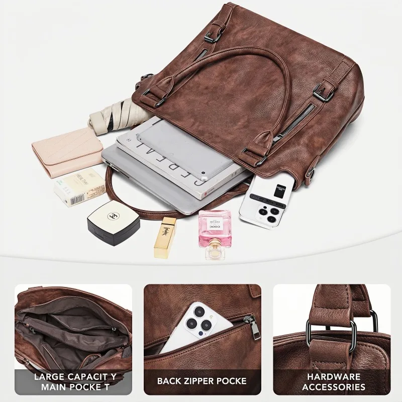 Vintage Soft Faux Leather Tote Bag Multi Zipper Women Handbag Purse Shoulder Crossbody Bag Ladies Daily Office Commute Shopping