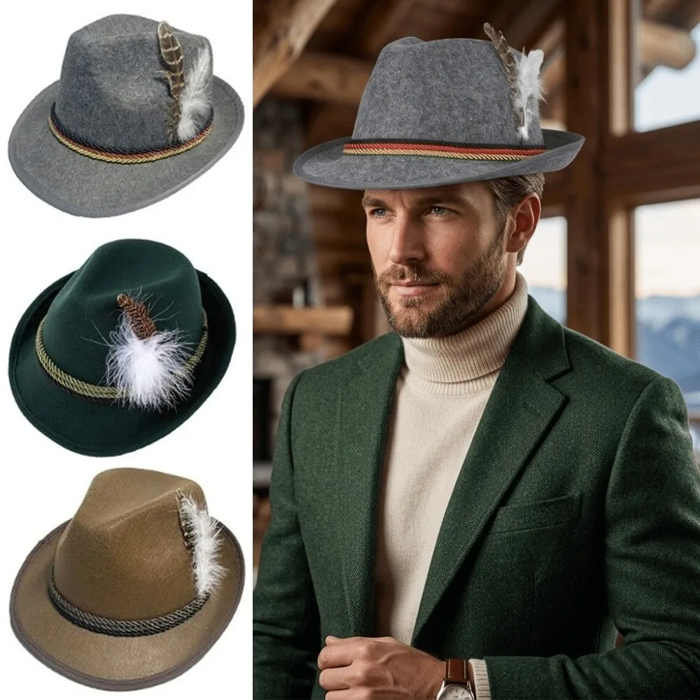 Classic Bavarian Feather Hat Decorative Side Cord Western Fedora Hat Structured Brim Dress Up Panama Hat Halloween Party