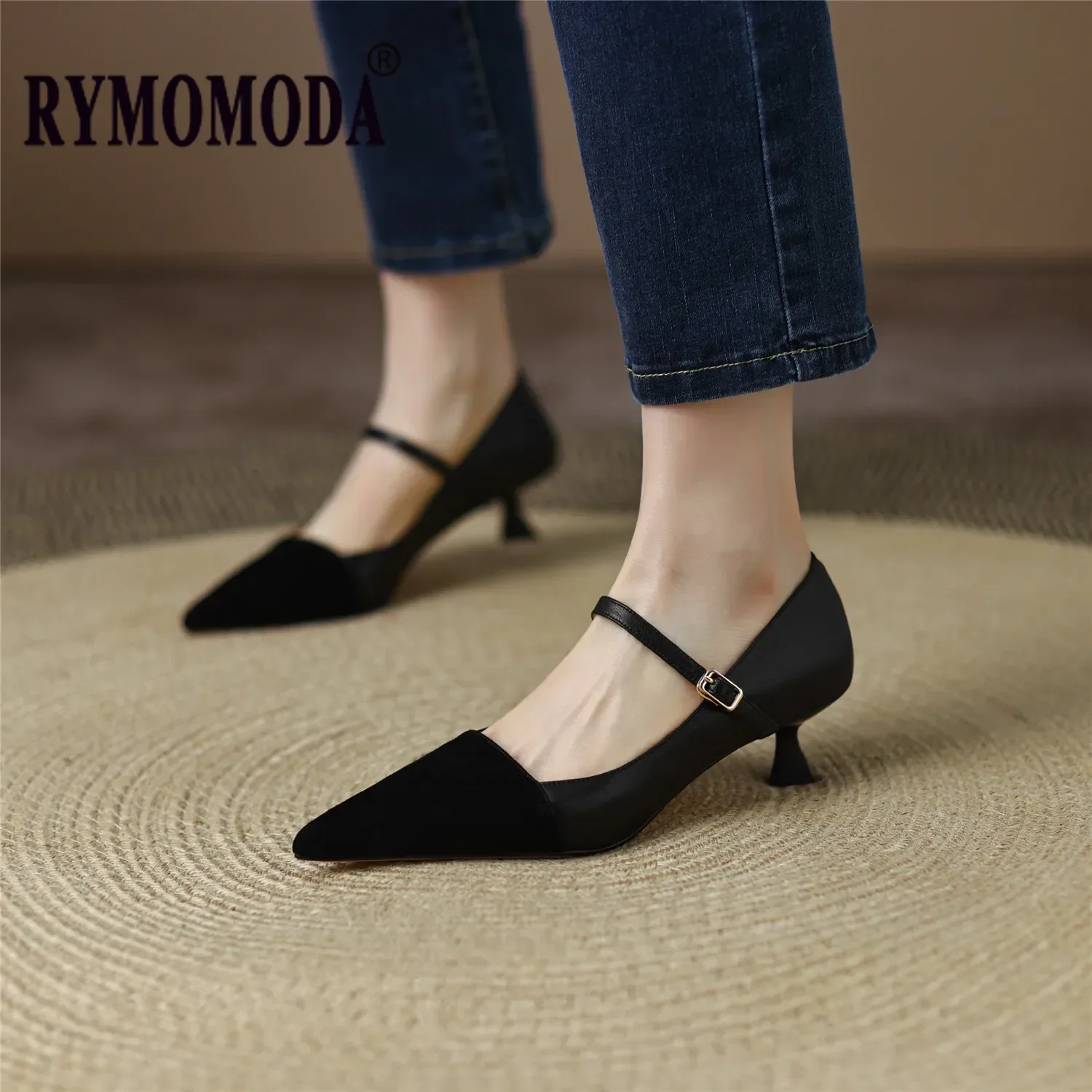 Real Leather Women Pumps Shoes 2024 Spring Sheepskin Upper Pointed Toe Mid Heel Office Party Handmade Mary Jane Shoe Big Size 42