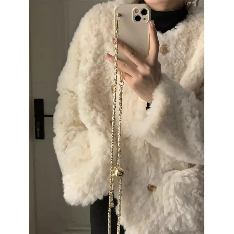 Lamb Fur Jacket Women's Loose Thickened White Cotton Coat Winter New Style Small Size Friendly Double Breasted Pure Color Hom...
