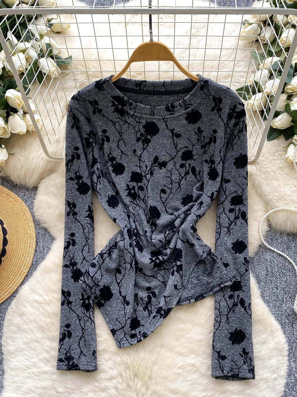 

Retro Faion Asymmetrical Long Sve Floing Print Women's T-irt Autumn Winter Waist-Cinching Versatile Base Layer irt