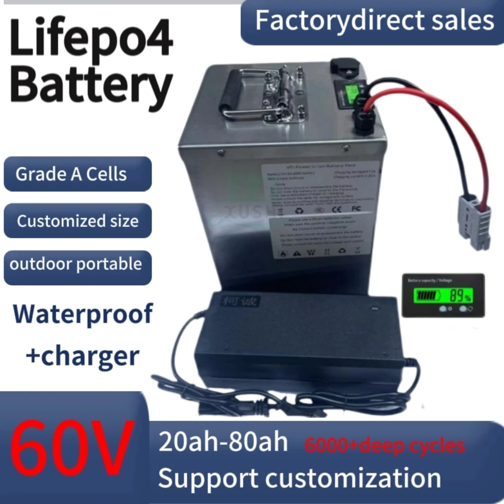 

XS 60V 20Ah 30Ah 40Ah 50Ah 60Ah 70Ah 80Ah lifepo4 Battery Pack for 1kw 2kw 3kw 4kw 5kw +Charger。