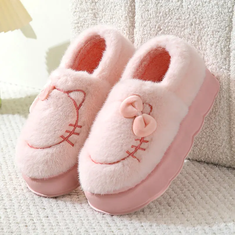 Women's New Fluffy Bow cat Home Shoes Cartoon Cute Girls Fuzzy Winter Indoor Home Slippers Thick Sole Keep Warm Cotton Shoes