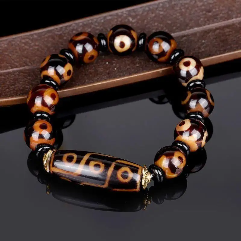 Tibetan Agate Three-Nine-Eyed Bead Medicine Buddha Bracelet for Men and Women, Authentic Vintage Buddhist Beads with Celestial E