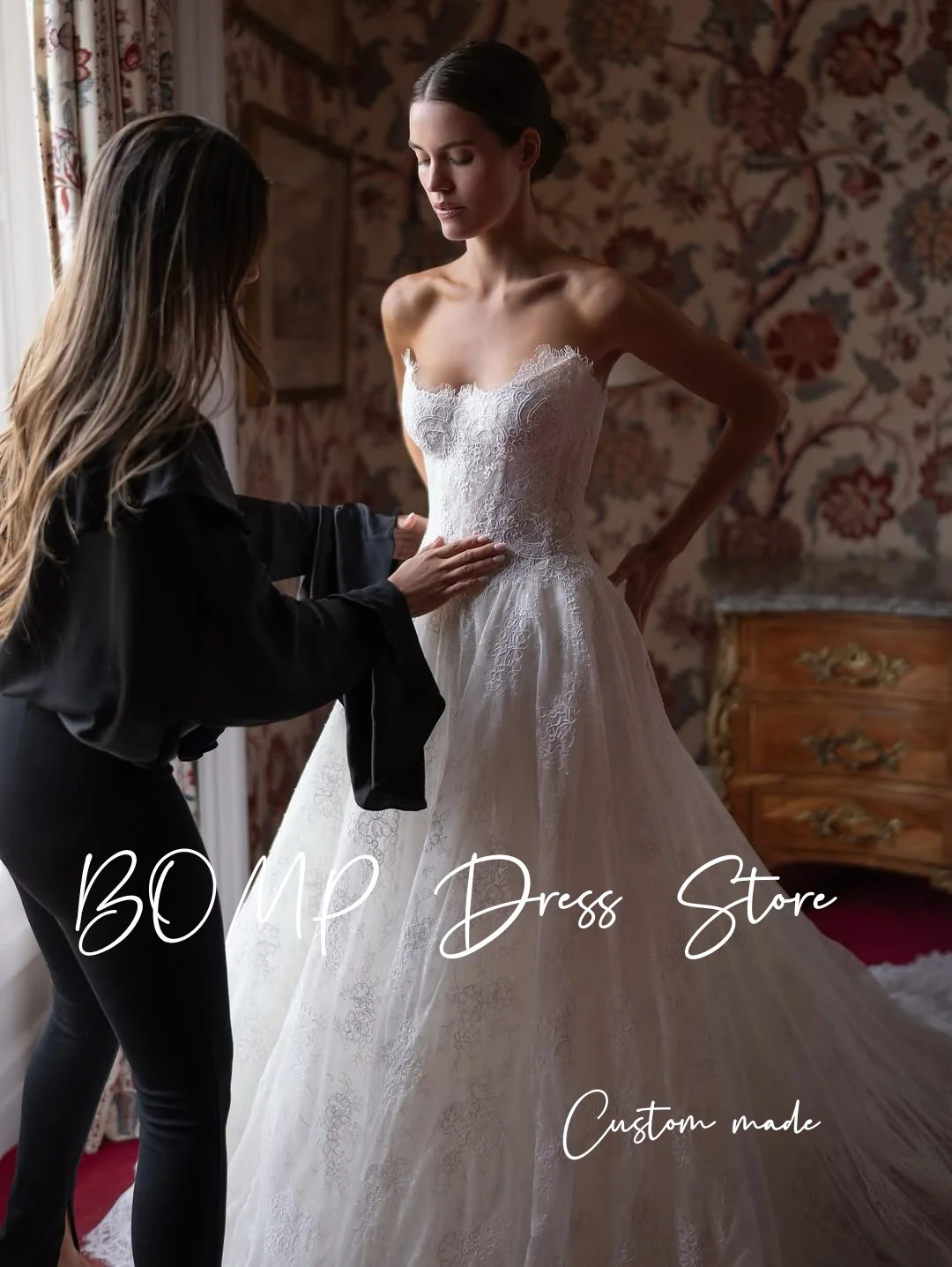 BOMP فساتين زفاف عتيقة من الدانتيل العاجي على شكل حرف a على شكل قلب بدون أكمام سويب تراين فساتين العروس رشيقة Mariage مخصصة 2026 #3