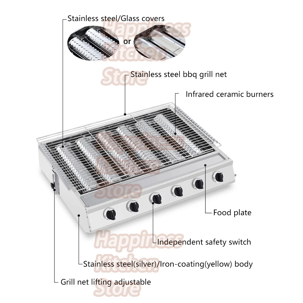 Commercial BBQ Grill Smokeless LPG Barbecue Stove Grill Infrared Ceramic Burners W/ Glass Covers Big Cooking Area For Camping