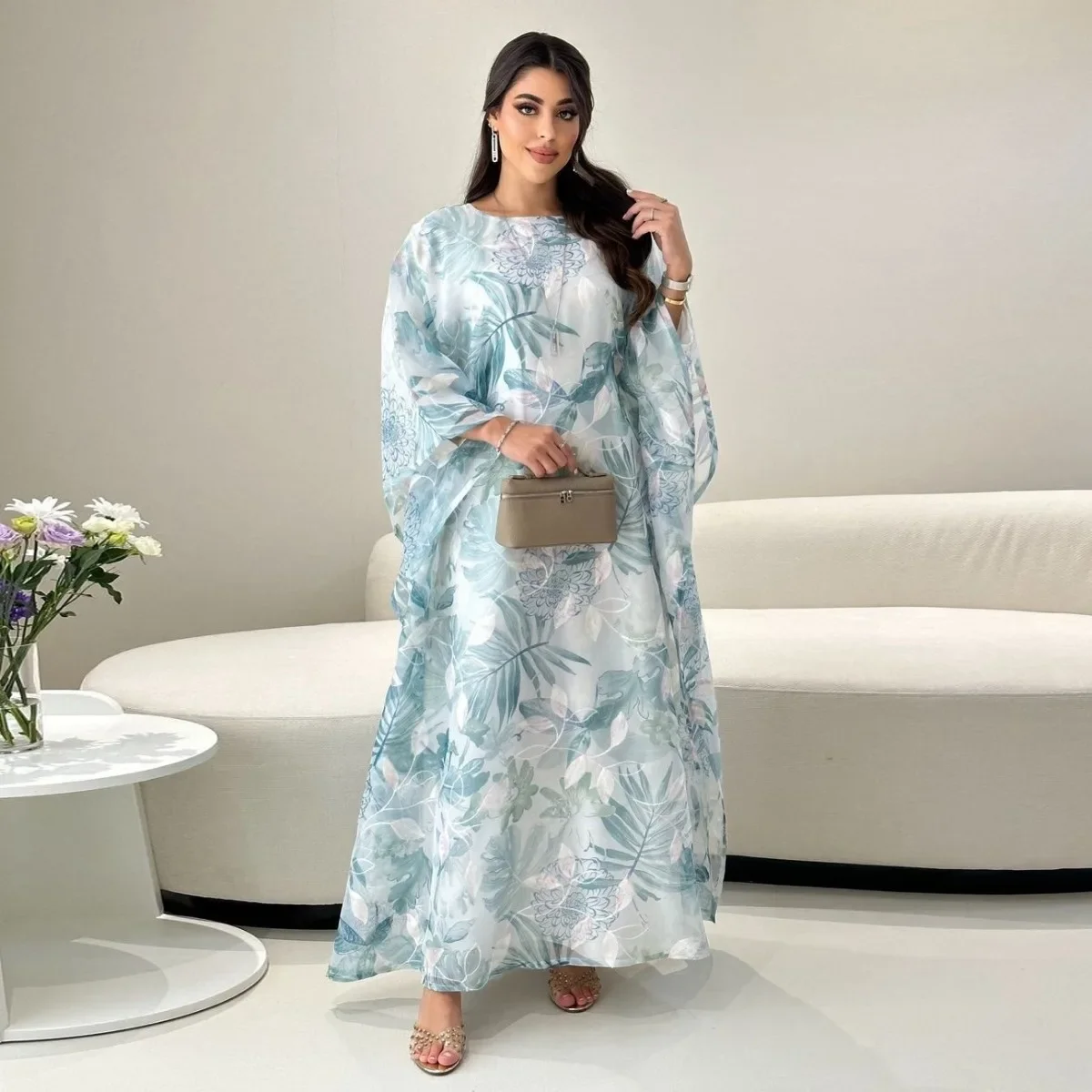 Newest Muslim Elegant Print Dresses Dubai Batwing Sleeve O-Neck Fashion Abayas Moroccan Saudi Casual Loose Embroidery Women Robe