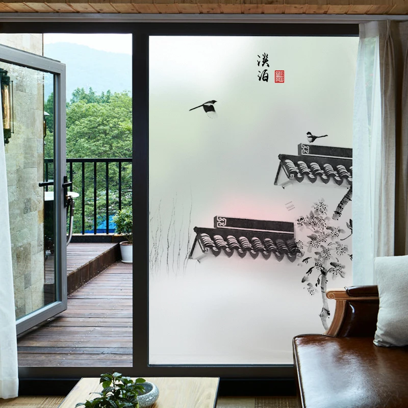 Chinese Ink Style Jiangnan Town Window Films Frosted Static Cling Stained Window Sticker Opaque Toilet Privacy Glass Films