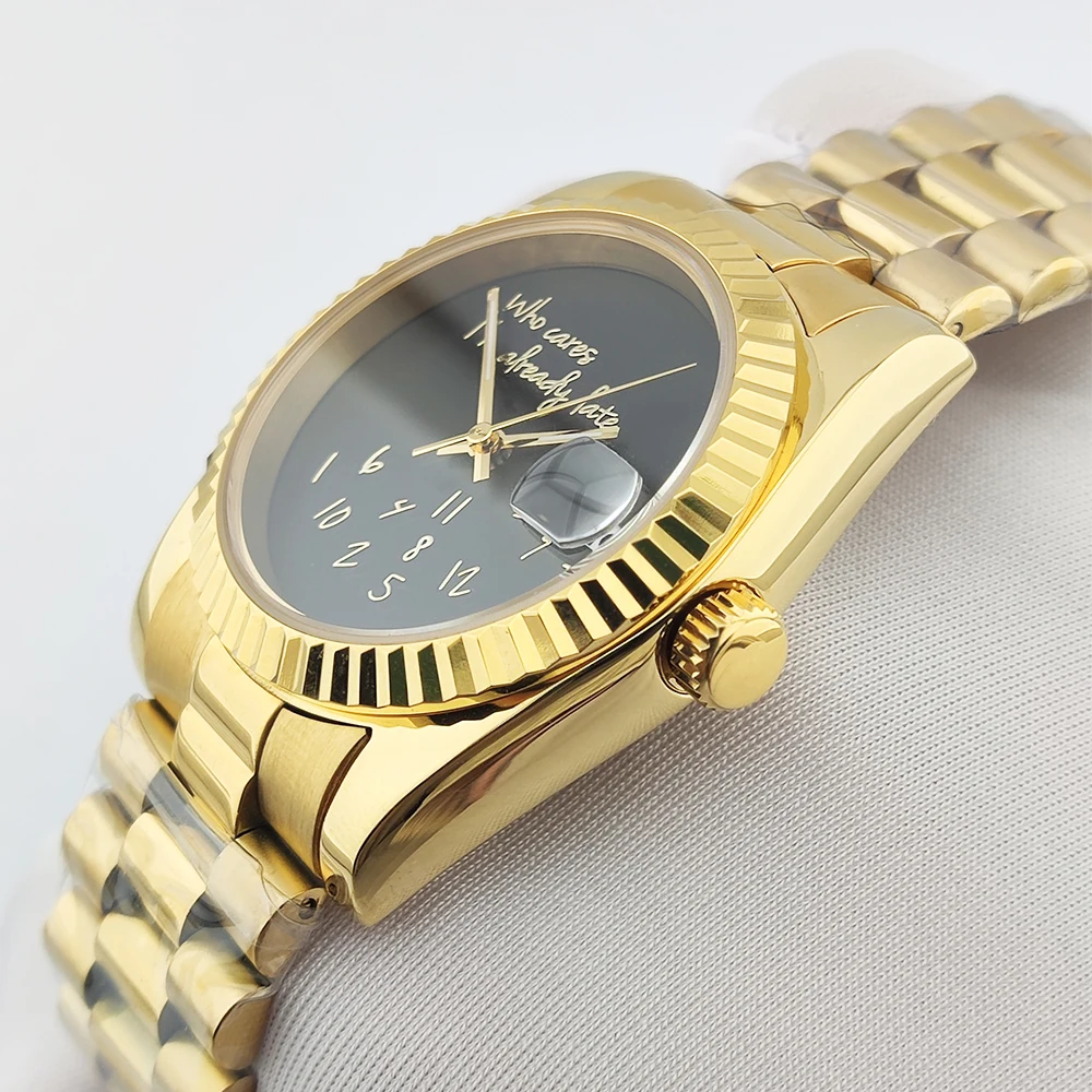 Montre nh35 en or pour hommes, 36/39mm, sans Logo, texte doré, verre saphir, acier inoxydable, mouvement nh35, étanche