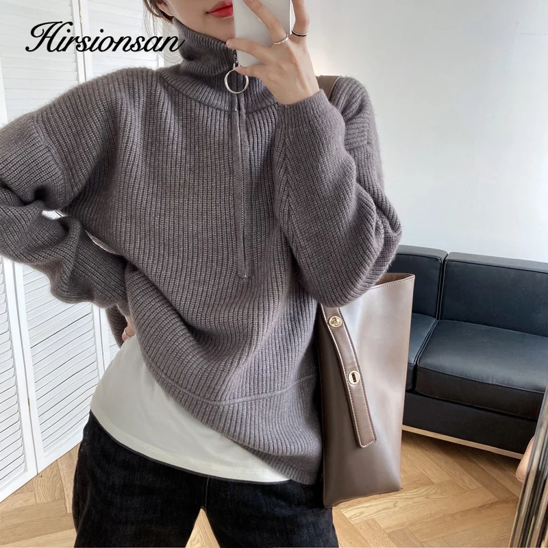 Hirsionsan Zipper Turn-down Collar Autumn Sweaters Women Cashmere Soft Loose Solid Female Knited Pullovers 2023new Thick Jumper