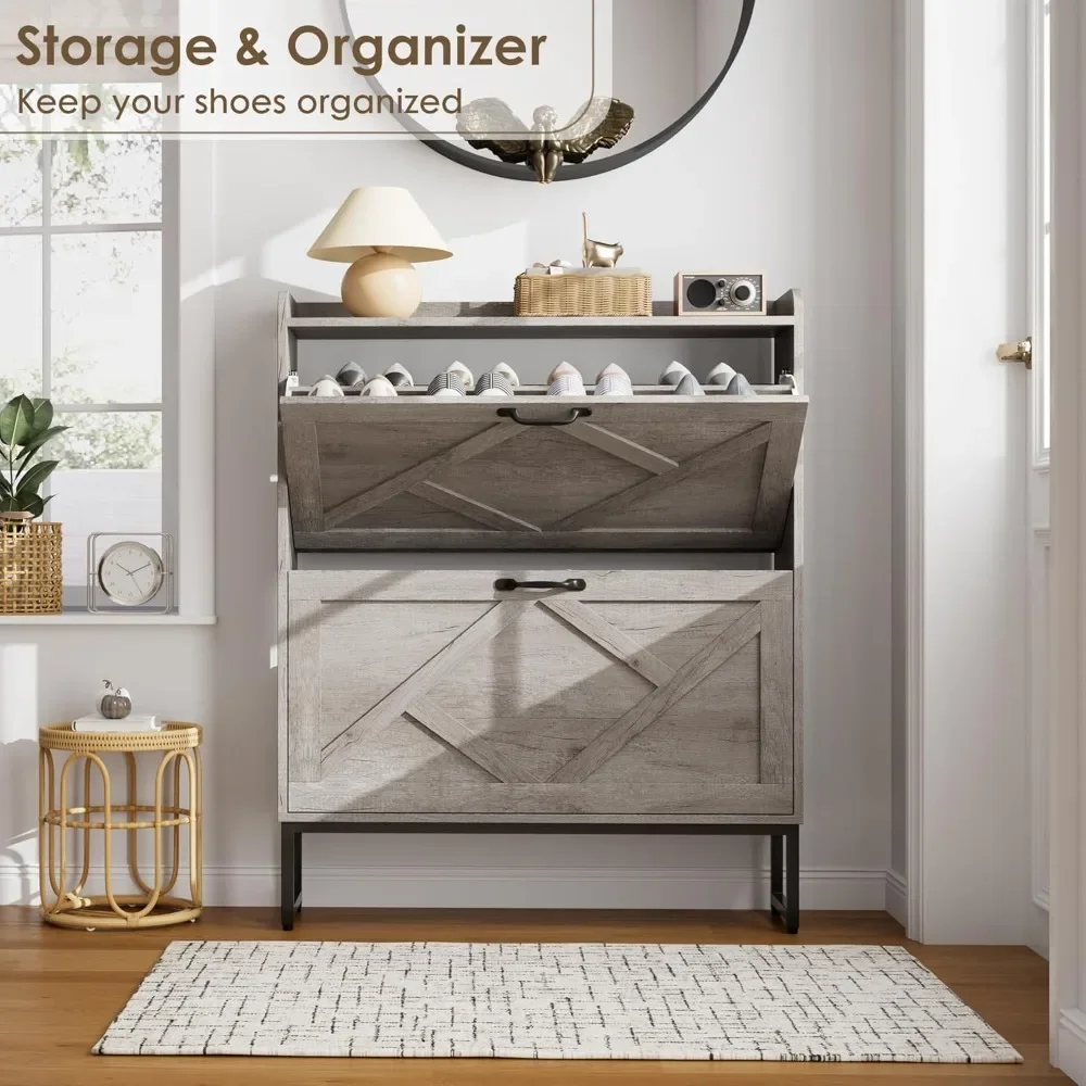

Shoe Storage Cabinet with Flip Drawer, Freestanding Shoe Organizer with Metal Leg, Narrow Shoe Rack Cabinet for Entryway Hallway
