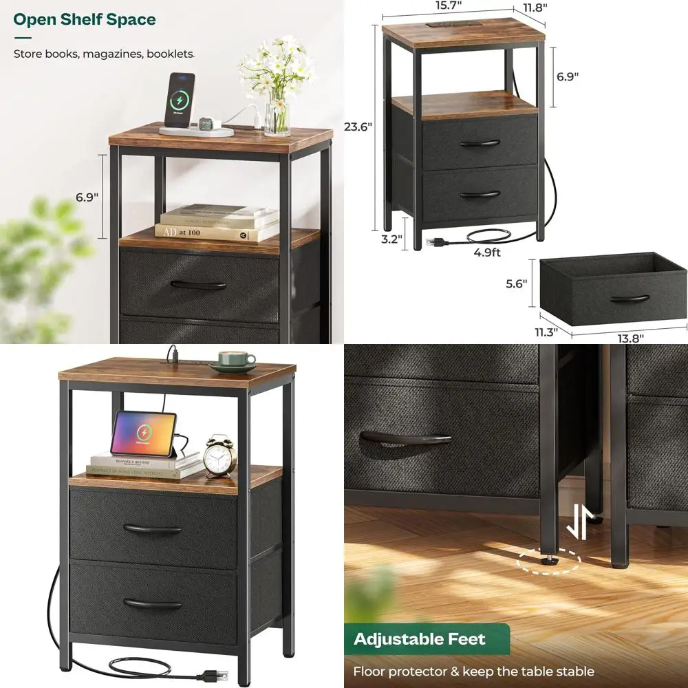 

Bedroom Nightstand with USB & Outlet, Fabric Drawers, Open Shelf, Rustic Brown & Black
