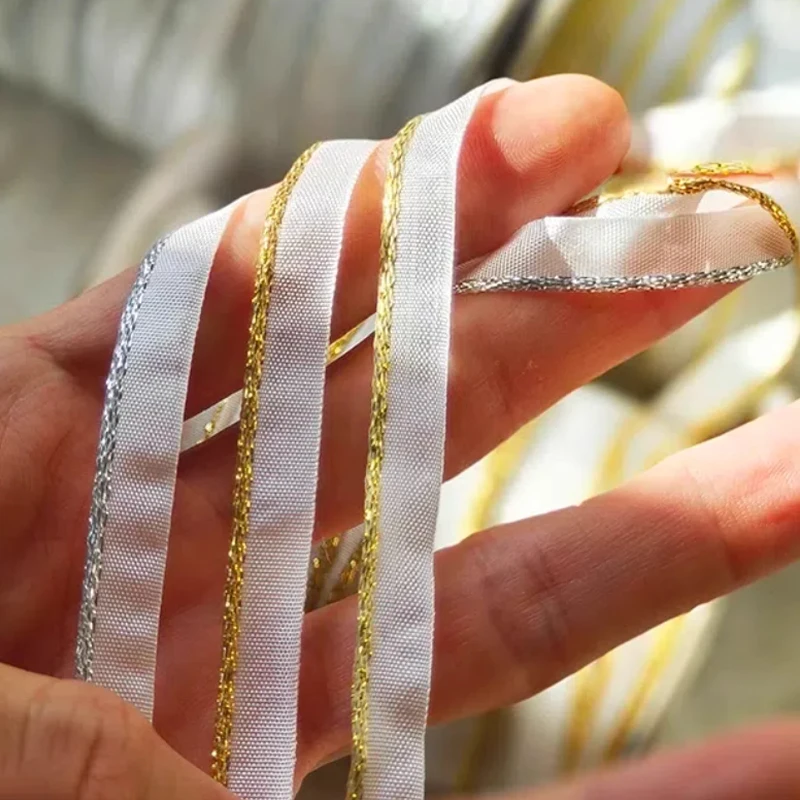 

100Yard Wide 8mm Thin Glitter Gold Silver Edge Sew Ribbon Bias Piping Cord Rope For DIY Garment Sewing Making Trimming Textile ﻿