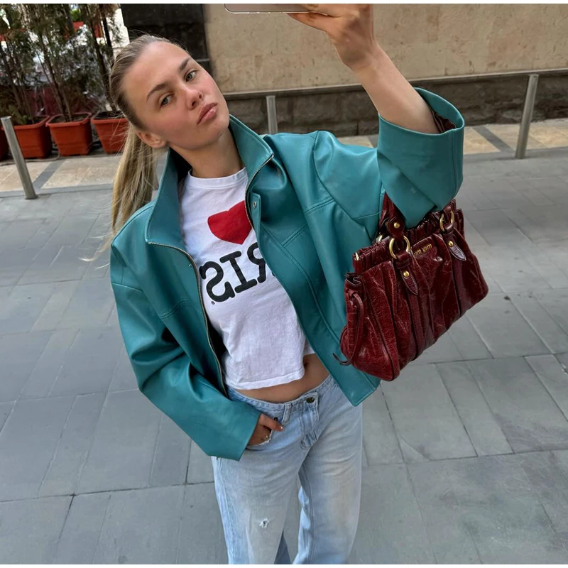 Women's Solid Faux Leather Jacket Stand Collar Zippers Long Wide Sleeves Cropped Coats 2026 Autumn Fashion All-match Streetwears