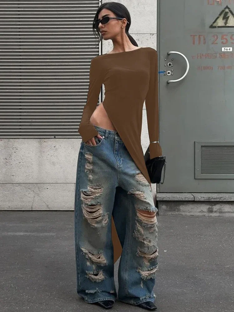 Mulher roupas o pescoço manga longa alta fenda sólido preto camiseta vestido streetwear senhoras chique irregular longo festa clube vestidos