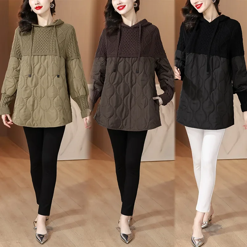 Women Literary Artistic Retro Patchwork Hooded Cotton Jacket Female Winter New Loose Slim Casual Mid Length Cotton Coat Pullover