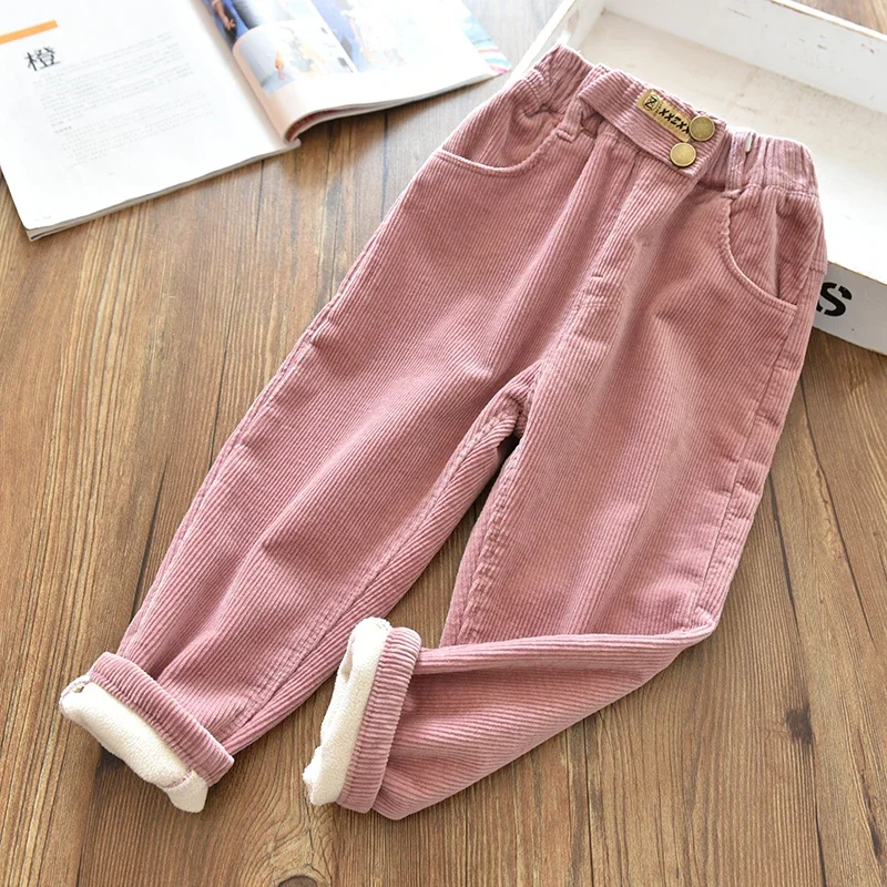 Children\'s Pants Autumn winter Fleece Padded Trousers for Girls Solid Thickened Corduroy Pants Casual Loose Boys Pants