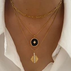 Peri'sbox Trendy Stackable Jewelry Shiny Rhinestone Black Enamel Starburst Pendant Necklace for Women Stainless Steel Waterproof