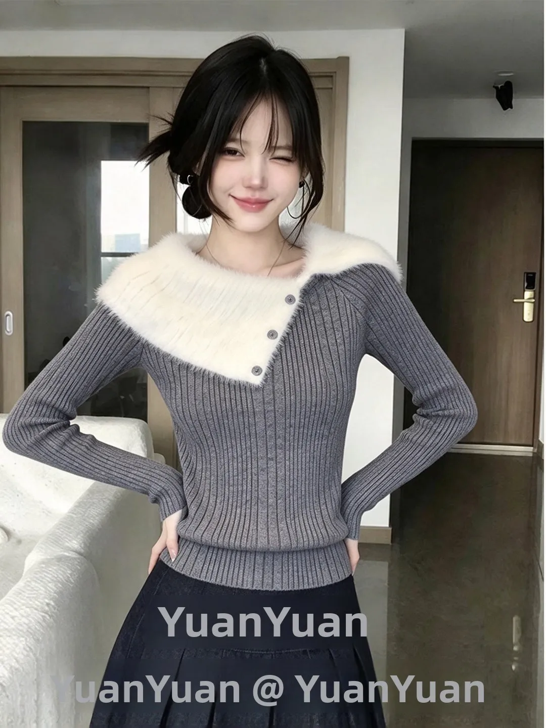 Korean Style Long Sleeve Color Block Knitwear Women's Slim Fit Shoulder Baring Top Breathable Soft Polyester Casual Fashion