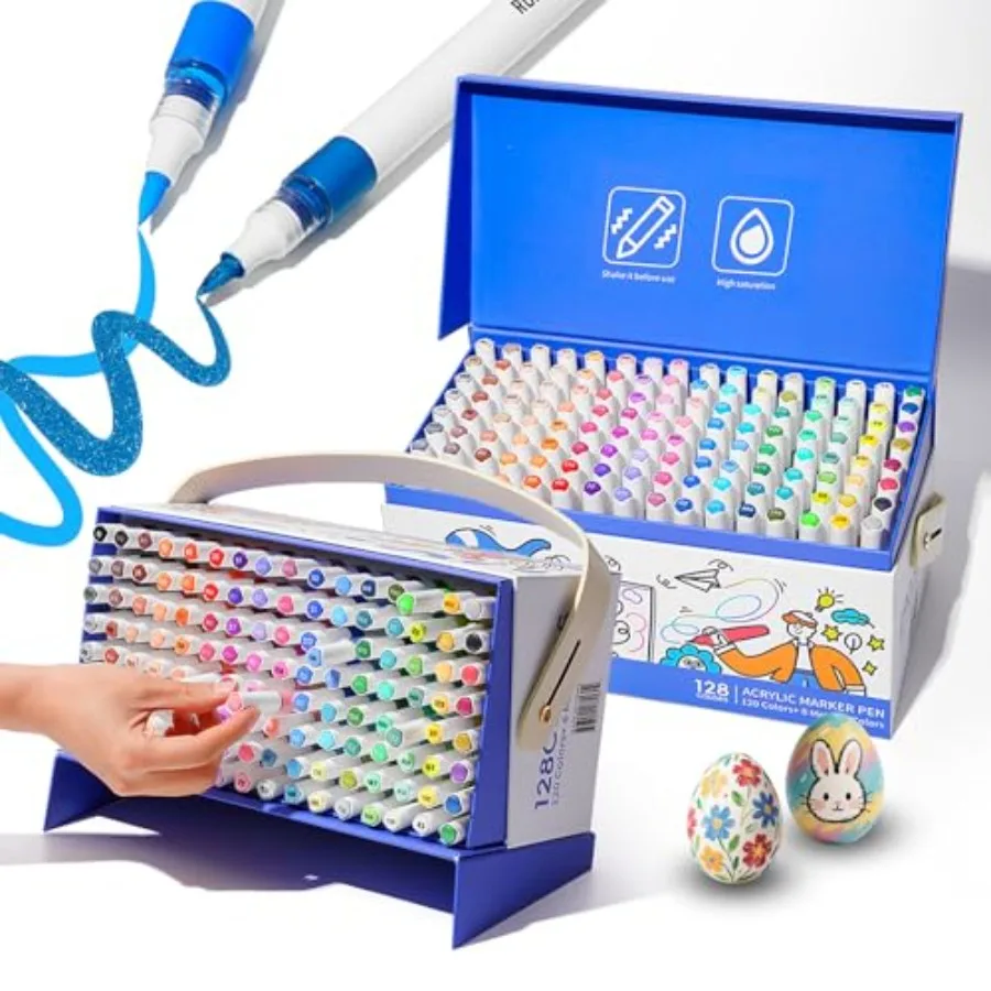 

ROSYMENG Acrylic Paint Markers, 120 Colors + 8 Metal Colors - Large Ink Capacity, High Coverage with Brush Tip Acrylic Paint Pe