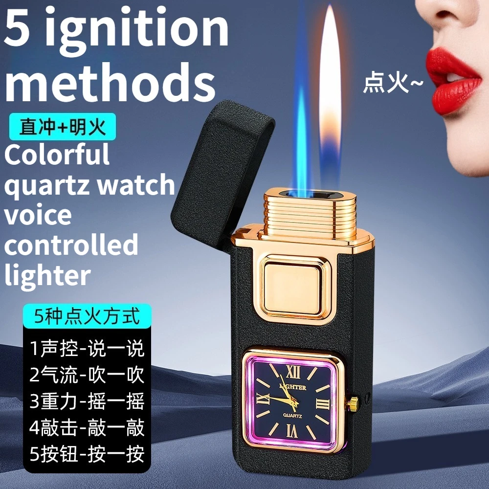 NEW Voice Controlled Dual Fire Lighter with Quartz Dial Inflatable Open Flame Direct Fire Cigarette Lighter High-end Men's Gift