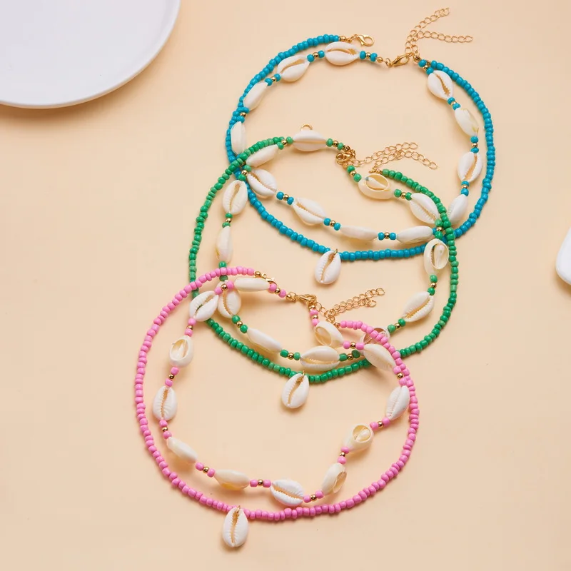Simple Rice Beads Seashell Pendant Necklace for Women Colorful Handmade Jewelry Summer Beach Choker Neck Chain Gift Collar
