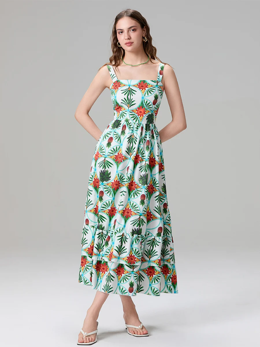 Damska sukienka bez rękawów z kwadratowym dekoltem Letnia sukienka bez rękawów z kwiatowym nadrukiem w kształcie litery A Długa zwiewna sukienka