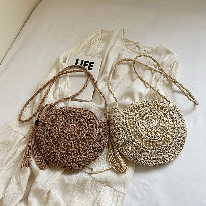 Women Hollow Straw Bag Circle Rattan Bag Round Soft Paper Rope Shoulder Bag Tassel Summer Beach Handmade Crossbody Bags image 6