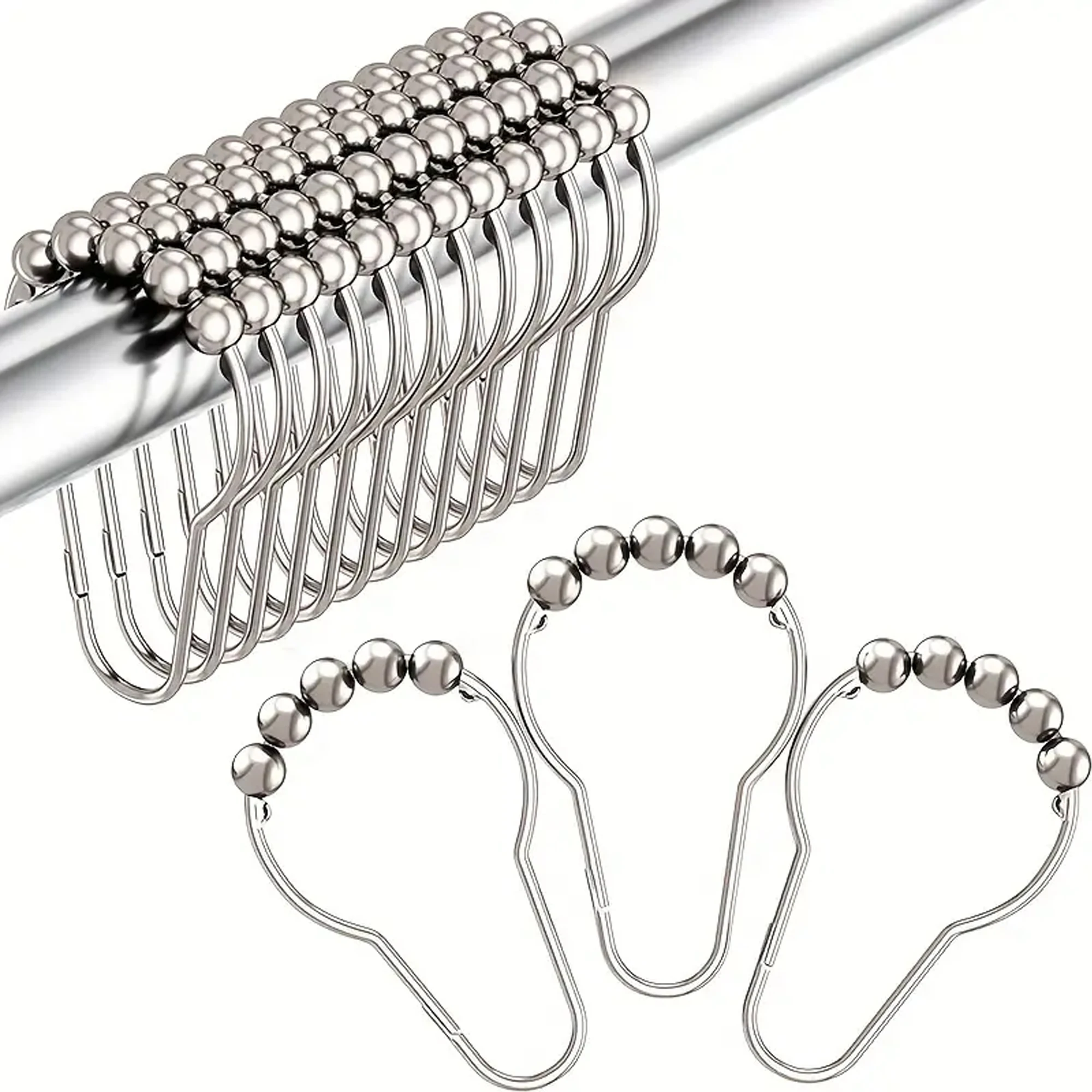 12-piece set of gourd-shaped shower curtain rings with ball hooks, telescopic rod curtain hooks, stainless steel metal five-ball hanging rings, bathroom accessory hooks