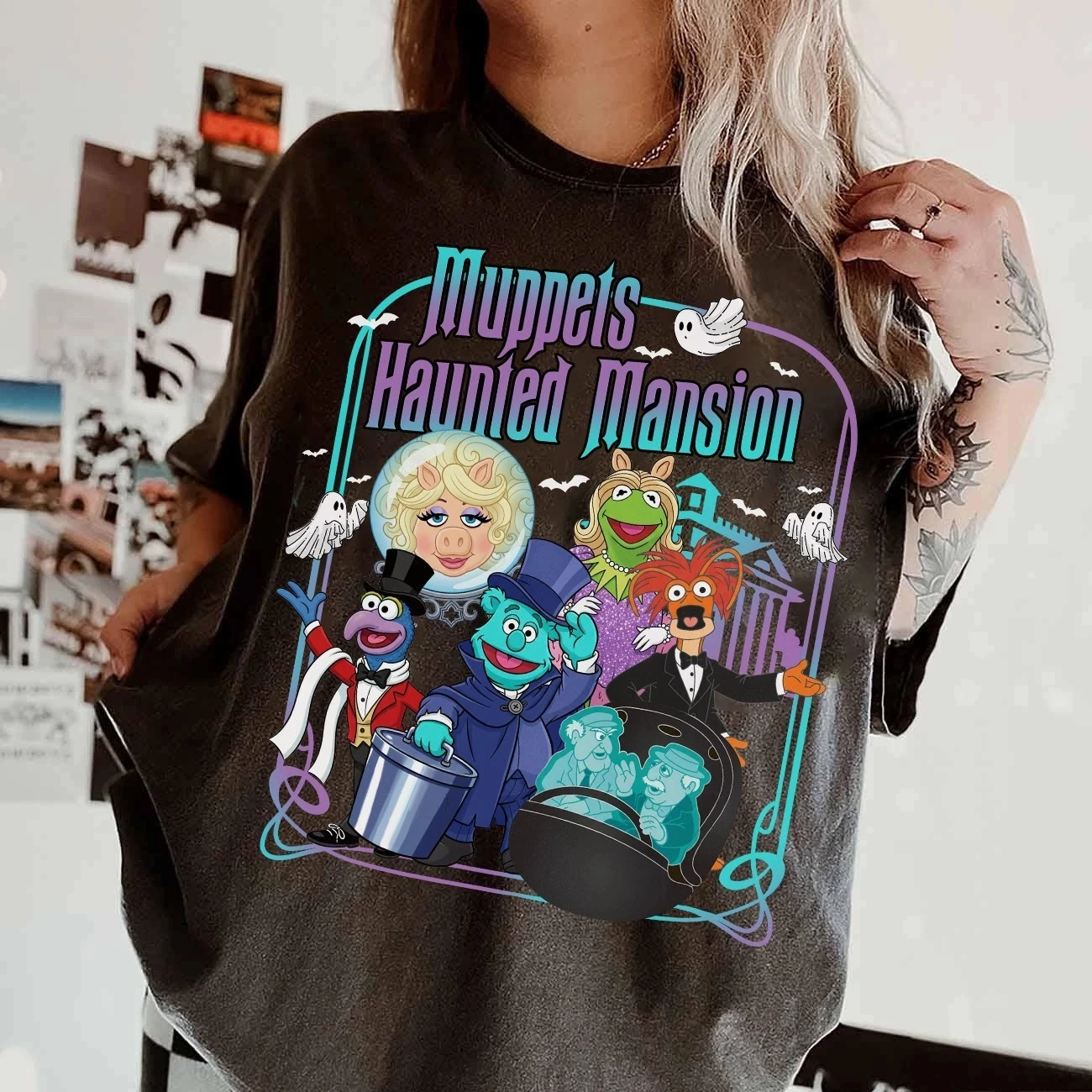 تي شيرت Muppet Haunted Mansion، تي شيرت Gonzo Pepe Fozzie للجنسين تي شيرت ديزني عالي الجودة من القطن لجميع المواسم ملابس الشارع