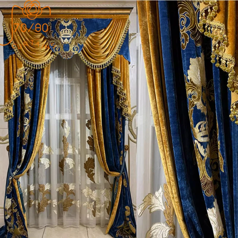 

High End European Style Palace Sapphire Blue Gold Embroidered Velvet Curtains for Living Room Bedroom Villa Window Screens