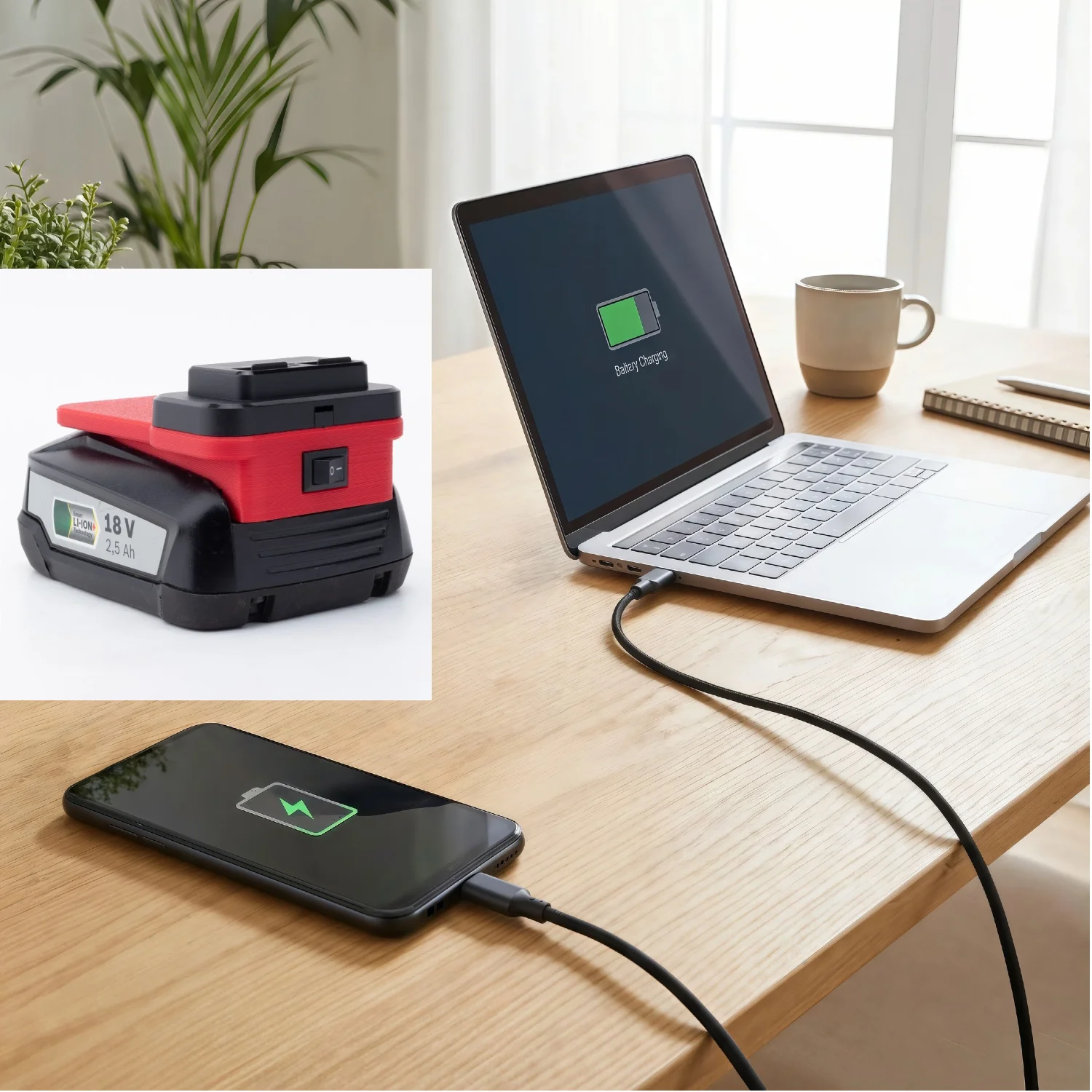 

Портативный мобильный блок питания для литиевой батареи Bosch 18 В Green PBA с выходной держателем USB Type-C, быстрая зарядка (БЕЗ батареи)