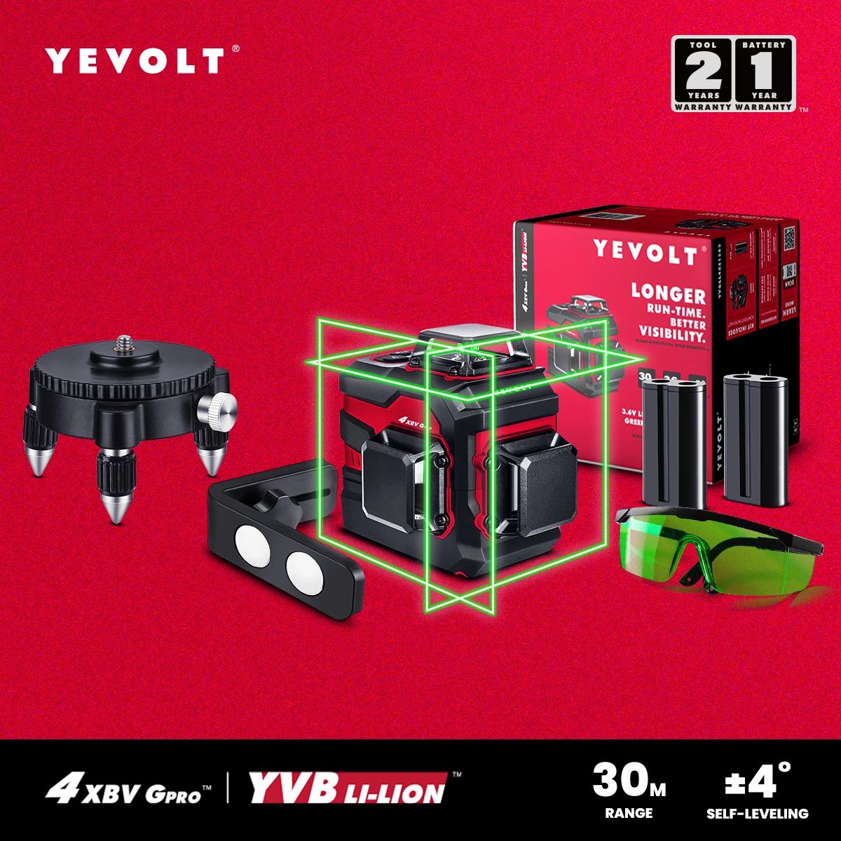 YEVOLT YVGLL4XS12 3D 360 °   12-линейный торговый лазерный уровень ProGrade, самовыравнивающийся дневной свет, видимый, двойная мощность, прецизионный класс, диапазон 30 м