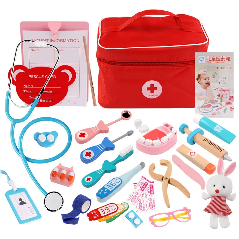 Wooden Simulation Doctor Toys Set for Children, Finge Play Kit, Estetoscópio Médico, Dentist Medicine Box, Jogos para Crianças, Menina e Menino