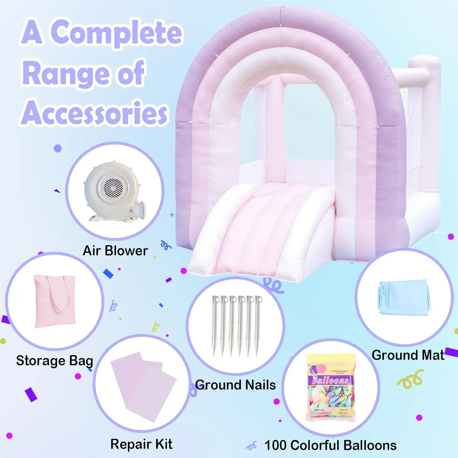 Casa de rebote mágica de arcoíris, casa de rebote para niños con tobogán, casa hinchable rosa para interiores y exteriores, soplador incluido, 8 pies de largo x 6 pies de ancho x 6 pies de ancho
