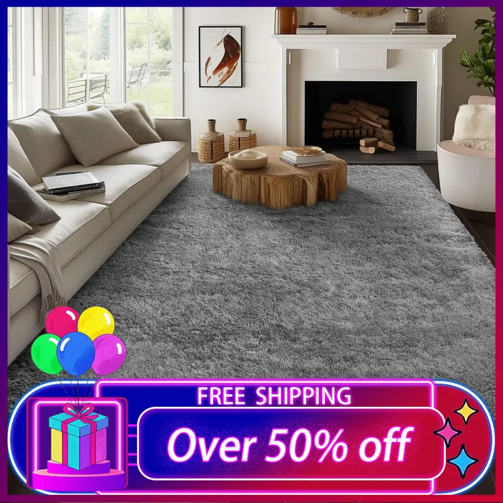 

Machine Washable Upgrade 8x10 Rugs for Living Room, Fluffy Shaggy Soft Area Rug, Gray Non-Slip Indoor Floor Carpet for Bedroom