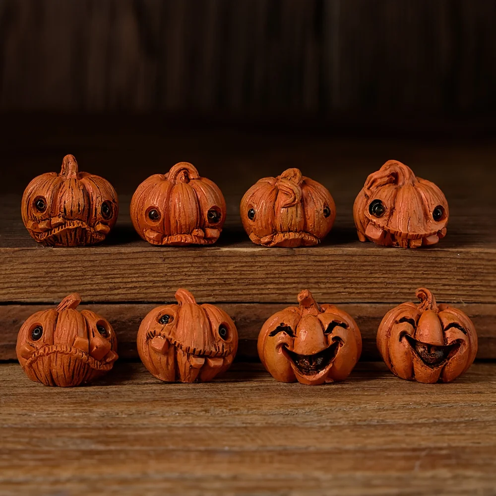 16 Stück Halloween Mini Kürbis Harz Figuren Vintage Gruselige Dekoration Rote Augen Jack O Laterne Gesichter Batteriefreie Tischanzeige