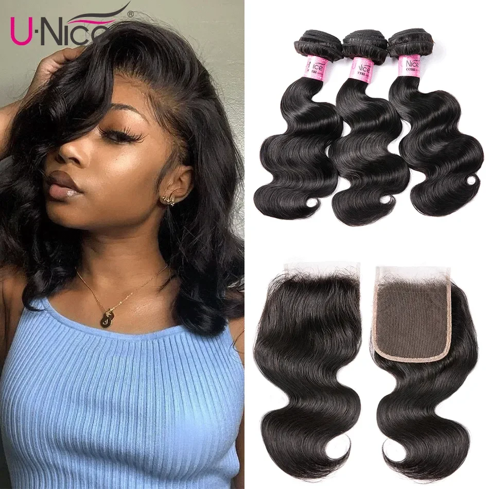 Unice Hair 3 Pcs Body Wave Bundles with Closure Short Brazilian Hair Human Hair Weave Bundles with Closure Remy Hair Extensions