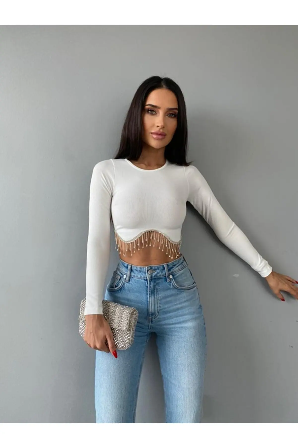 Women's White Waist Chain And Stone Detailed Crop Blouse Camisole Fabric Ladies Tops