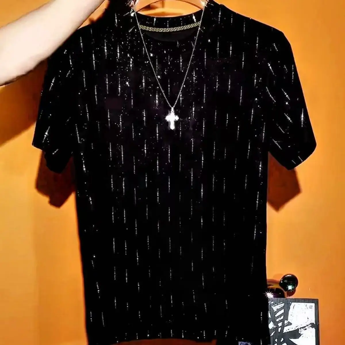 Stylish Men's Short Sleeve T-Shirt With Sparkling Print For Party And Casual Wear Hip Hop Fashion Look
